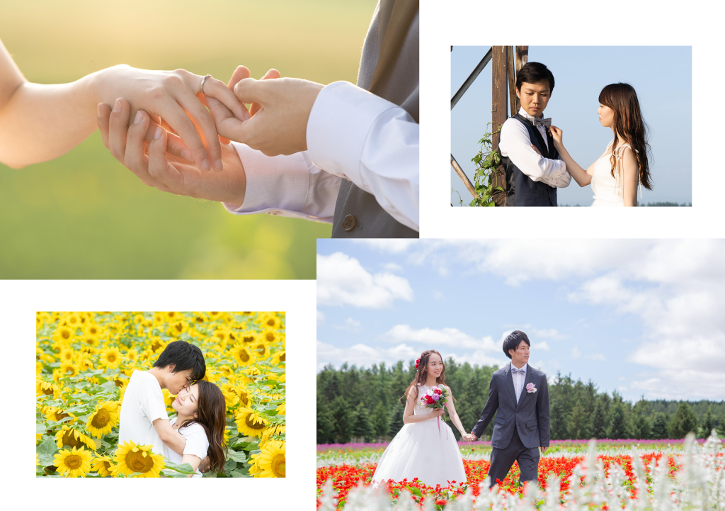 北海道の自然と花畑で撮影したウエディングロケーション前撮りのシーン