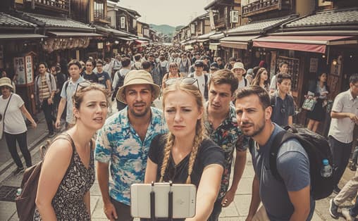 A group of international tourists struggling to take a selfie in a crowded street, looking frustrated with the camera angle.